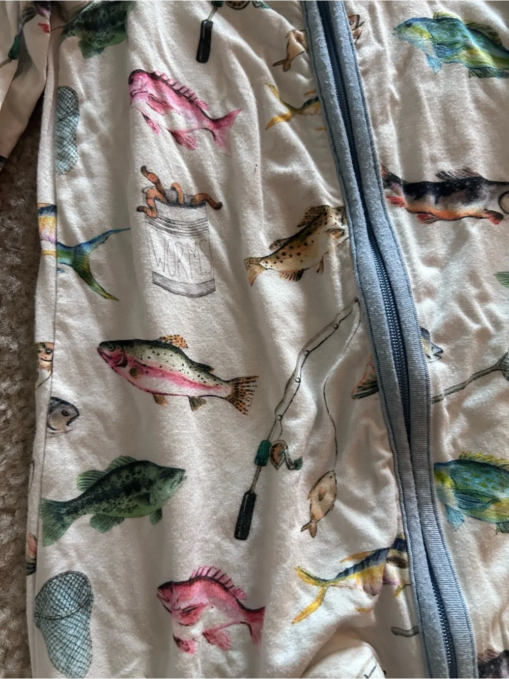 Caden lane Fish-Print two way Zip One-Piece Sleeper - Cream with Blue Trim
